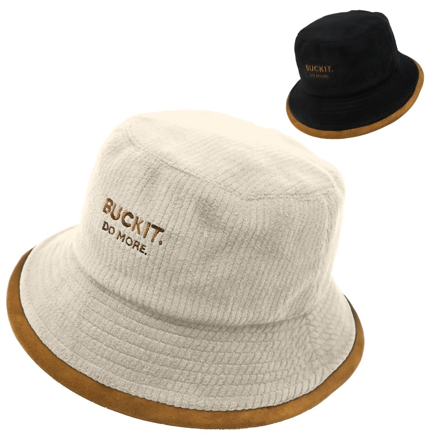 Cream corduroy bucket hat with a tan underbrim and an embroidered slogan, shown with a black bucket hat behind it